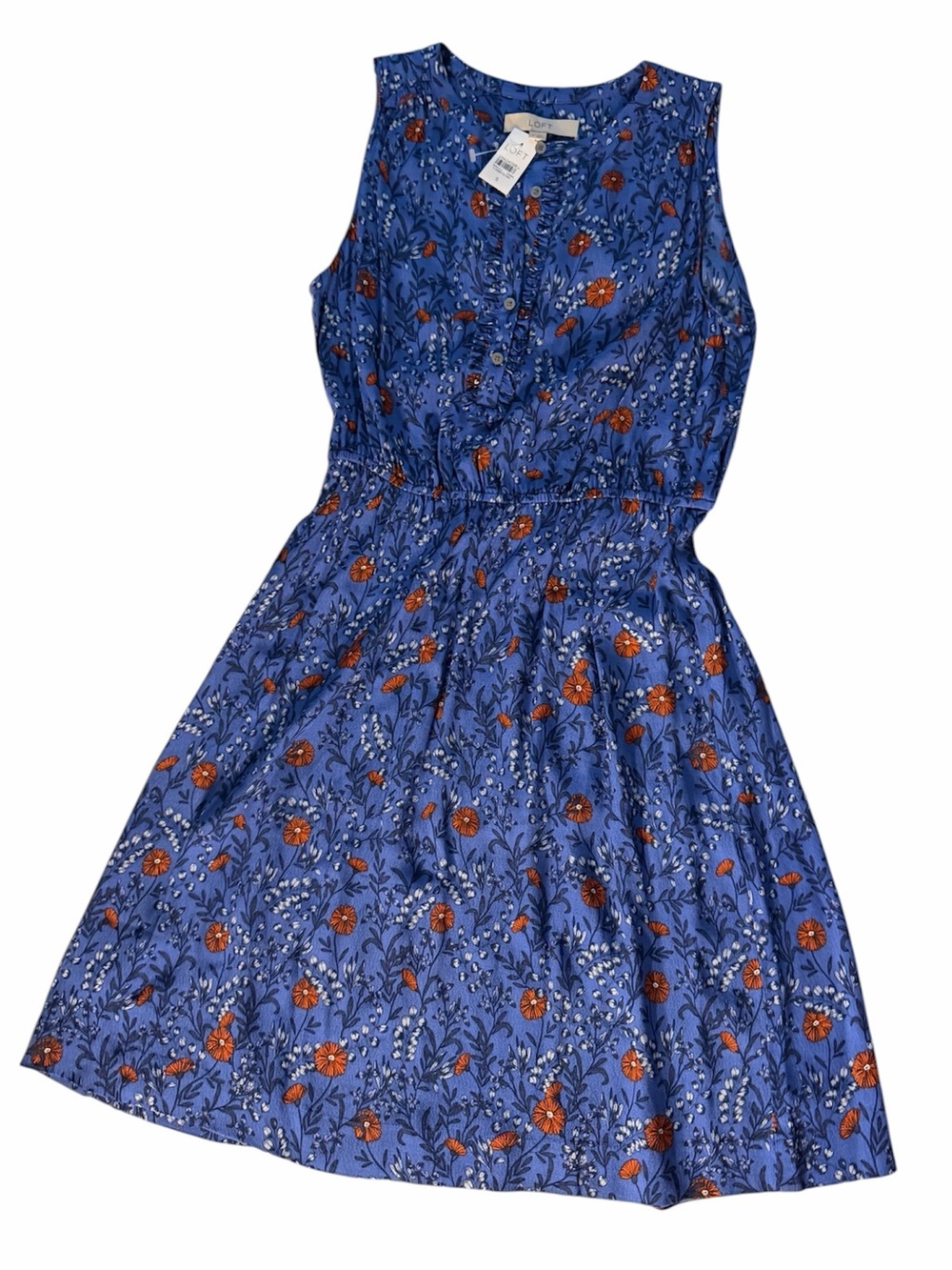 NWT LOFT | Blue Floral Sleeveless Cottagecore Ruffle Neck Midi Mini Day Dress